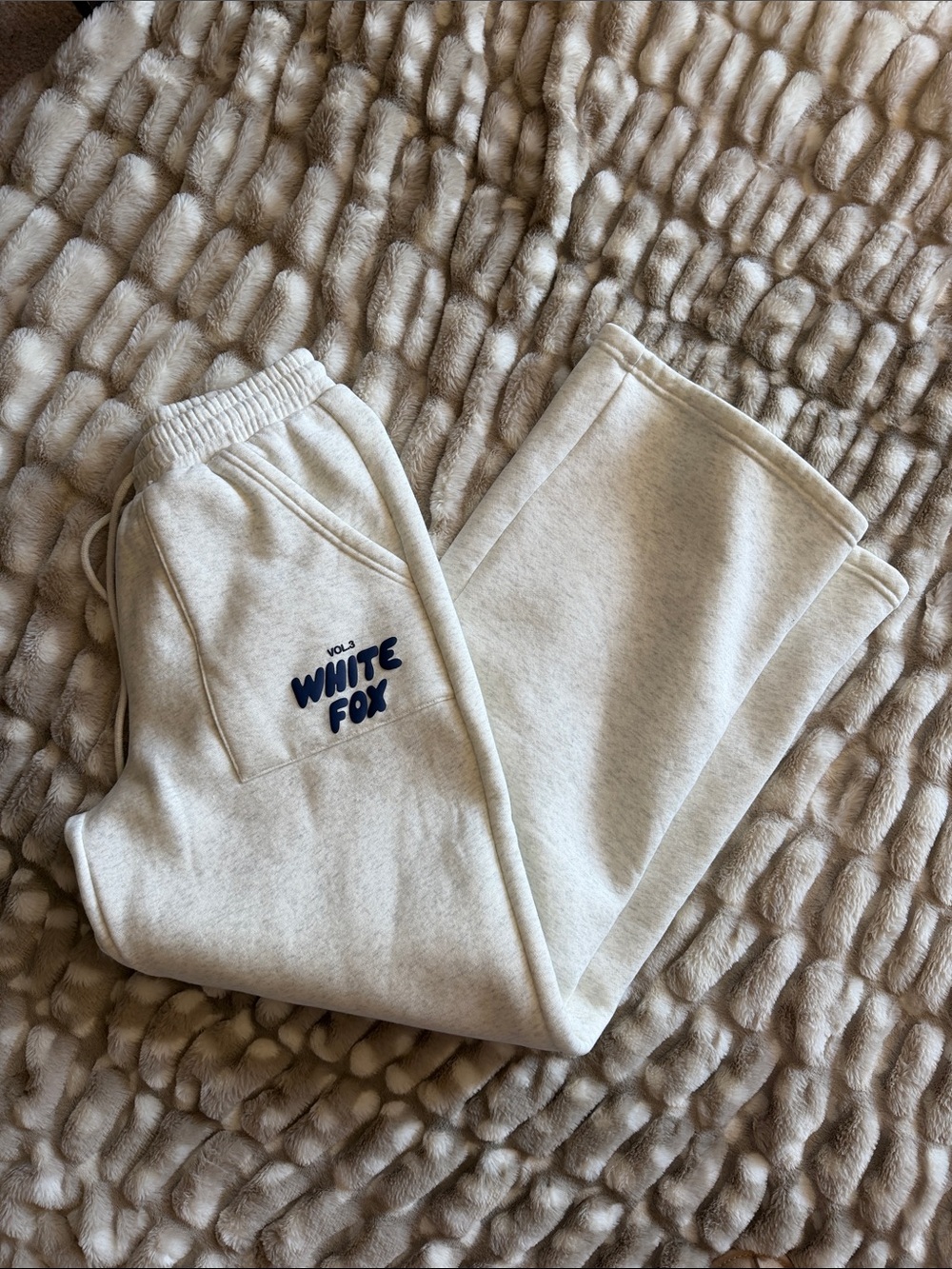 White Fox Boutique gray wide leg with Navy Logo